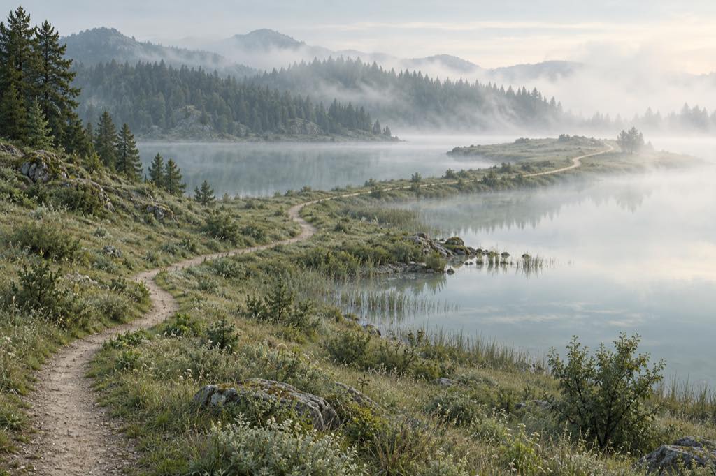 A continuous walking path winds along a misty lakeshore toward distant trees.